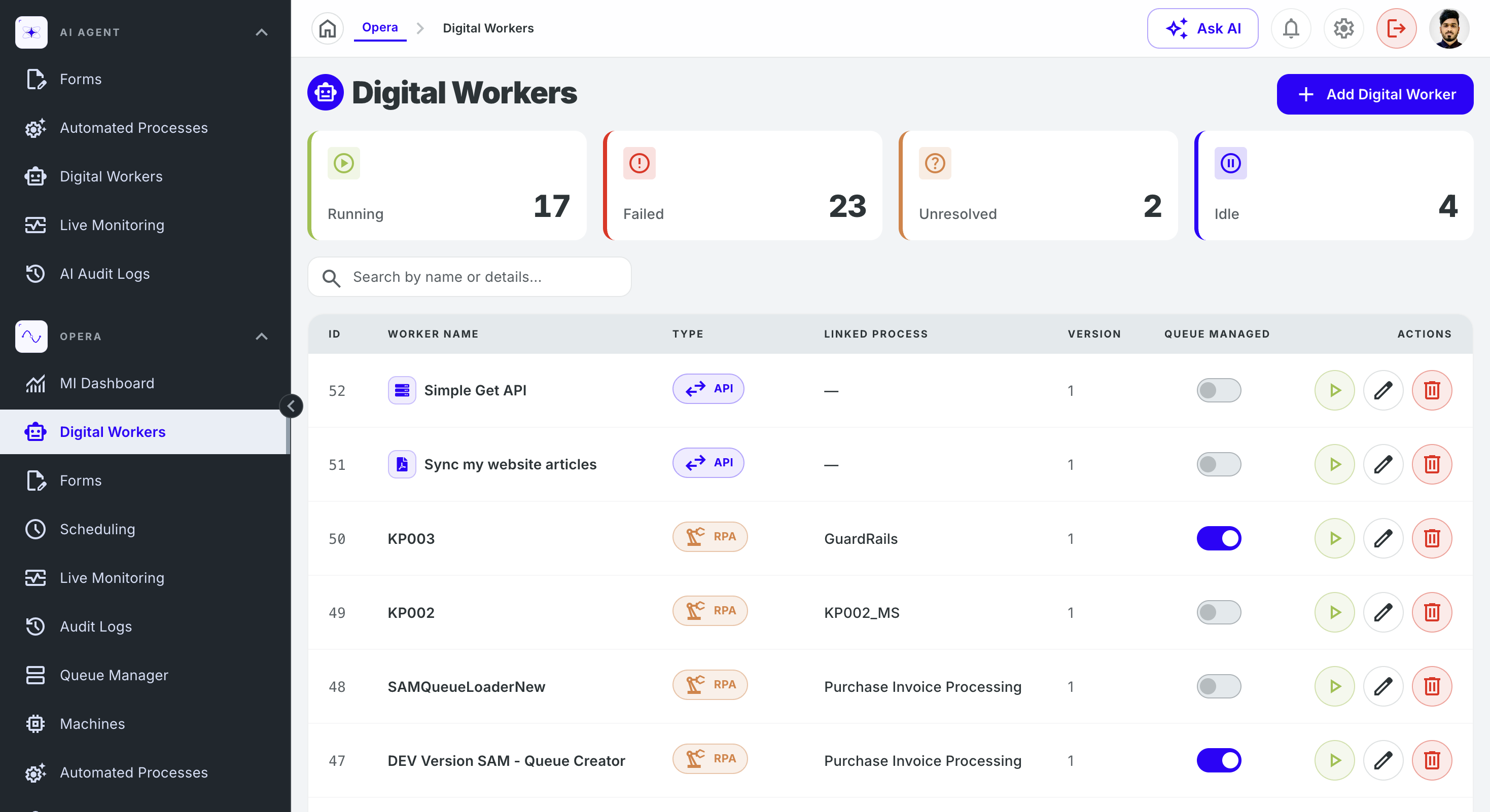Digital Workers registry with running, failed, unresolved, and idle counts plus API and RPA worker types